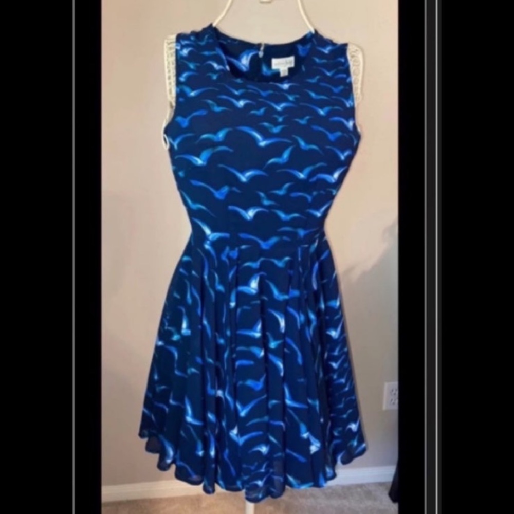 Blue and White Seagull Print Short Sleeve Fit Flare Mini Dress